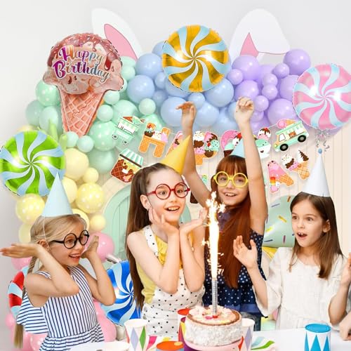 Image of Rozi Decoration Ice Cream Theme Birthday Decoration Kit with Foil Balloons, Candy Balloons, Ice Cream Birthday Theme Decorations, Donut Bday Party Decor (Pack of 76 Pieces)