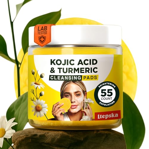 LTEPSKA Turmeric Kojic Acid Cleansing Pads, 55 Pcs Kojic Acid and Turmeric Cleansing Pads, Exfoliating Dark Spot Remover for Face with Vitamin C, For Brightening