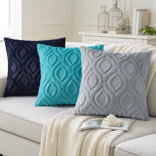 decorUhome Fall Throw Pillow Covers 22x22 Inch Set of 2, Soft Plush Decorative Faux Fur Navy Blue Solid Couch Pillow Covers, Accent Farmhouse Neutral Square Euro Pillow Cases for Sofa Bed Living Room