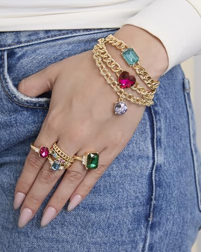 Jessica Simpson Gemstone Charm Chain Bracelet for Women 3-Piece, 7"+2" Chunky Charm Bracelets Gold-Tone with Gems2