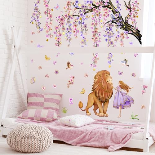 Pink Cherry Blossom Lion Wall Stickers Girl and Lion Butterfly Floral Peel and Stick Decals for Girls Bedroom Nursery Playroom Home Decor by Euctyllious - Used condition - Image 2