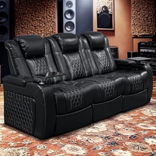 HKUVUKH Home Theater Seating, Living Room, Powered Headrest, Powered Lumbar, Italian Leather, Powered Recline (Black, Row of 3 Console)