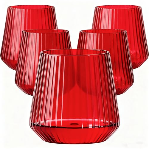 Image of Lueumxc 40 Pack Plastic Ribbed Wine Glasses, 14Oz Origami Disposable Wine Glasses Unbreakable Clear Plastic Cocktail Glasses Recyclable Shatterproof Reusable Wine Cups (14oz-red-40pack)
