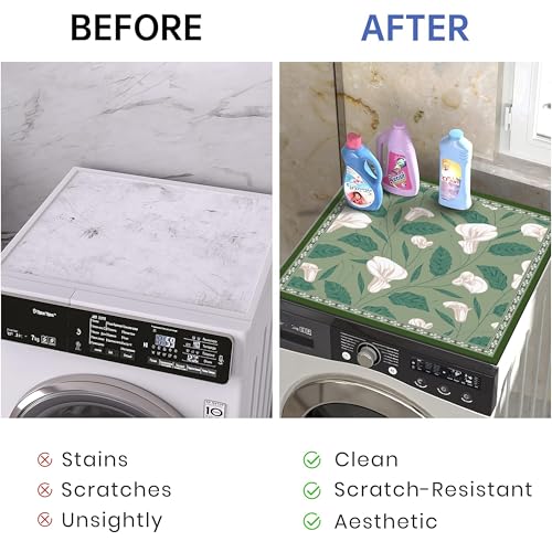 Image of Yellow Weaves Washer & Dryer Cover for Top, 60 x 60 cm, Washing Machine Top Protector Mat for Kitchen /Laundary Room, Water Absorbing, Dustproof, Scratch Resistant & Non-Slip (Floral Green)