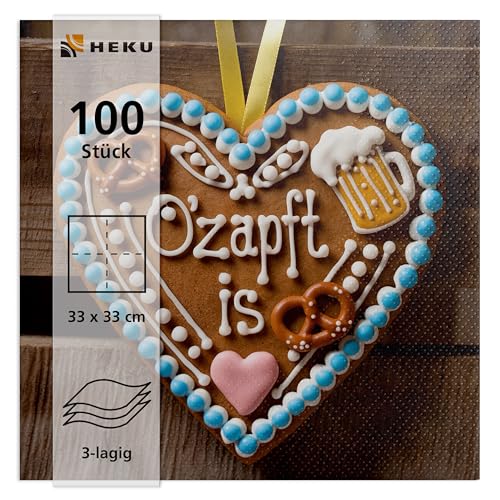 HEKU 100 Servietten, 3-lagig, 33x33cm, O’zapft is I Saugstark und praktisch verpackt I Breite Auswahl I Ideal für Anlässe rund um’s Oktoberfest