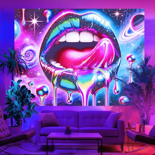 Image of BlissYard Blacklight Tapestry Lip Tapestry 78x59 Inch UV Reactive Tapestry Glowing Tapestry Large Neon Tapestry Posters Wall Hanging for Home Living Room Bedroom Party Decor Photo Shoot Props