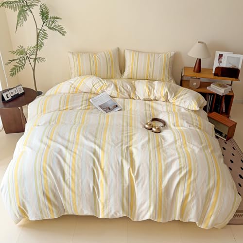 Image of VM VOUGEMARKET 3 Pieces Striped Duvet Cover Set King 100% Washed Cotton Linen Like Textured Breathable Durable Soft Comfy Bedding Set (Yellow Stripes, King 104 inchx90 inch)
