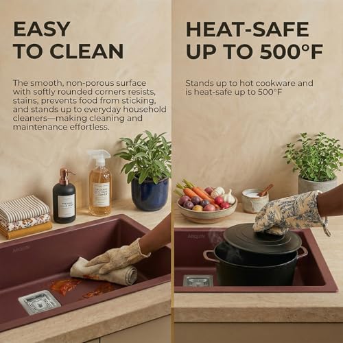Image of ARQUIN Quartz Sink 24x18x9 Inch Brown | Single Bowl Sink | Durable & Scratch-Resistant | Undermount /Topmount Including Coupling, Waste Pipe & Fruit Washing Basket