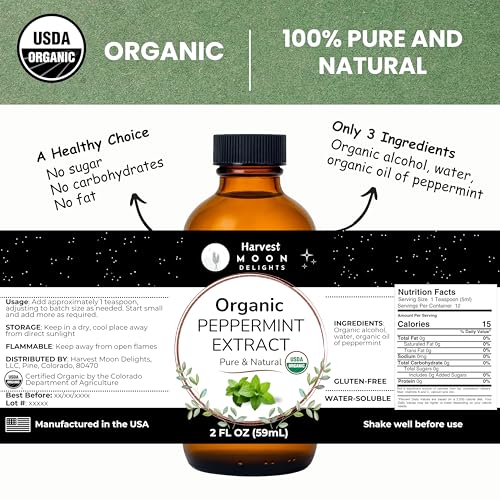 Image of Organic Peppermint Extract for Baking, Ice Cream, Drinks, and Candy - 2 oz - Water-Soluble - By Harvest Moon Delights - Pure Peppermint Flavoring, Mint Extract