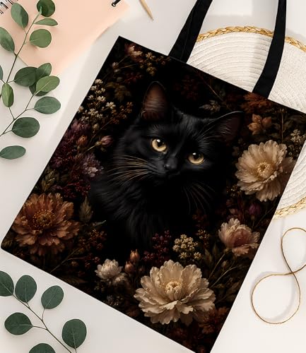 Image of Cute Cat Canvas Tote Bag for Women, Aesthetic Reusable Shoulder Bag for Shopping Travel Work