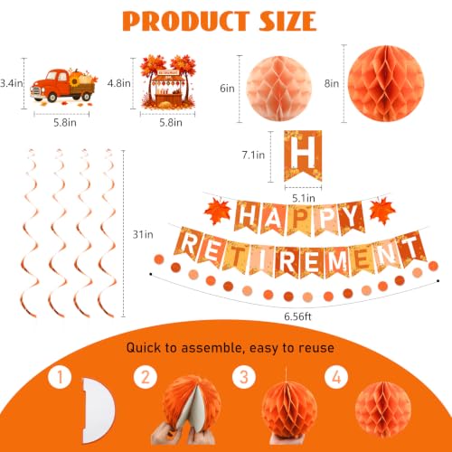 Image of YTHETM Fall Retirement Party Decorations for Men Women Happy Retirement Banner Honeycomb Balls Hanging Swirl Circle Dots Garland Fall Retirement Party Supplies
