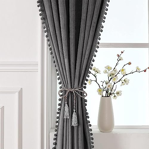 Image of Amazon Brand - Umi Velvet Eyelet Door Curtains with pom pom Lace for Living Room Bedroom Kitchen 1 pc Pack in Silver Color (Door - 4 feet x 9 feet)