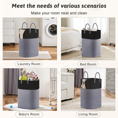 Image of Laundry Basket,Woven Cotton Rope Laundry Hamper,Versatile Storage for Dirty Clothes,Baby Toys,and Blankets in Bathroom, Nursery,and Living Room (Black, 60L)