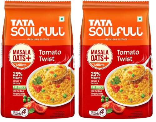 Image of Tata Soulfull Masala Oats+ With Millets, Tomato Twist, 500g, Real Vegetables, 25% Millets, Non Sticky, Evening Snack, Healthy Snack (Pack of 2)