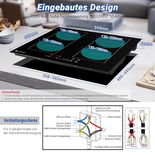AMZCHEF Induktionskochfeld 60cm mit Zwei Flexzonen, 4 Zonen Induktionskochplatte mit Boost-Funktion und 9 Leistungsstufen, Touch-Bedienung, Timer, Sicherheitsschloss, Überhitzungsschutz, BBQ, 7200W
