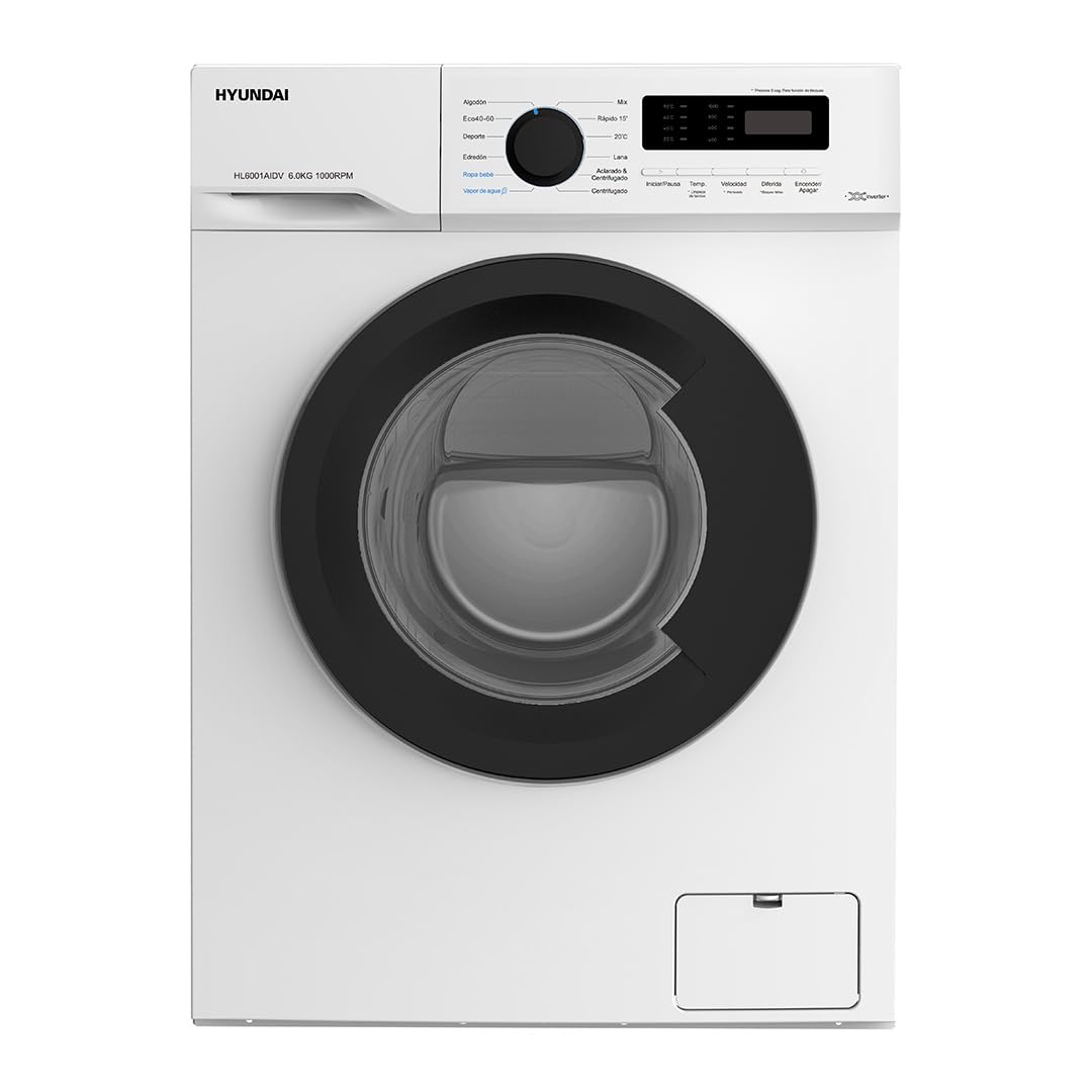 Hyundai Lavadora 6 Kg Carga Frontal Blanco HL6001AIDV. 1500W, 1000rpm, 12 Programas, Función Stop&Go, Clase de Eficiencia Energética A