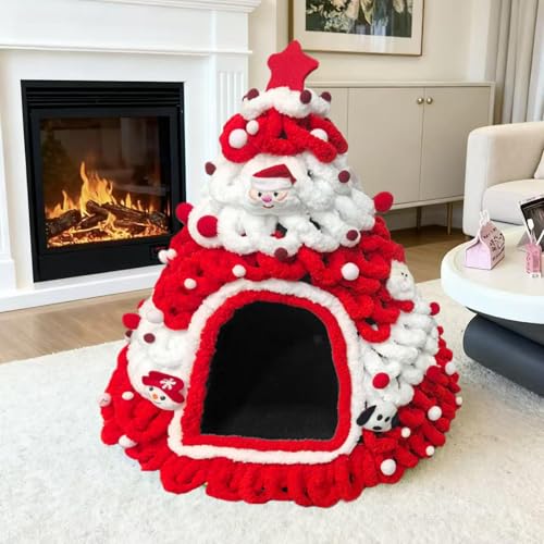 Katzenhäuser- warmes Baum- Design, gestrickter Unterschlupf, weihnachtliches Thema, warmes Katzenhausbett- für Welpen, Kätzchen, kleine Haustiere, Outdoor, Zuhause, Winterschlaf-2