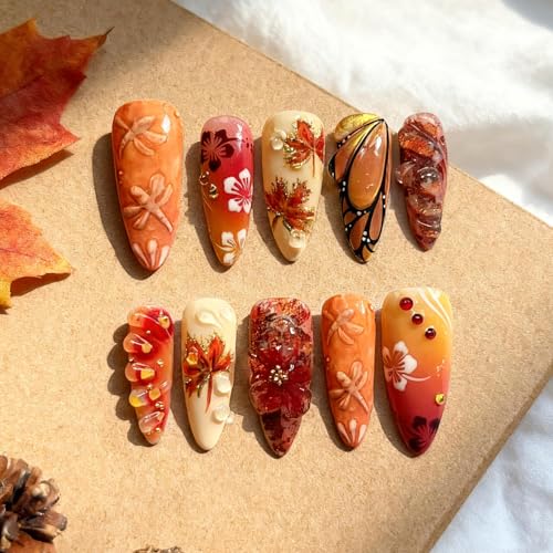 24Pcs Autumn Press On Nails Long Almond Fake Nails with 3D Flower...