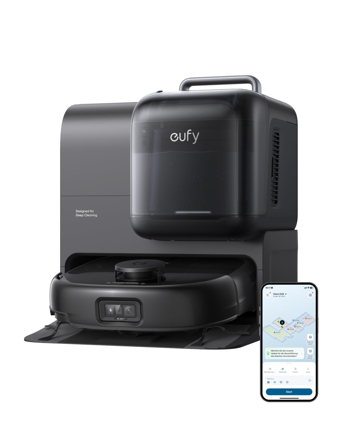 Robot sprzątający z mopem eufy E28(odnowiona) Omni, system HydroJet, z przenośnym urządzeniem do gruntownego czyszczenia dywanów, moc ssąca 20 000 Pa, zero splątań, gruntowne sprzątanie rogów