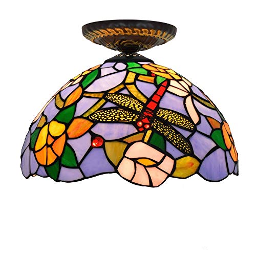 Iluminación De Techo con Vidrieras Estilo Tiffany, Pantalla De Cristal con Flor De Libélula para Lámpara De Techo Viva
