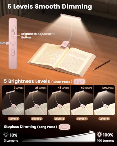 Image of Glocusent 26 LED Book Light, 1200 mAh 90 Hrs Lasting Rechargeable Reading Light, 5 Amber Colors & Stepless Dimming Book Reading Light - Portable Clip on Light for Book Lovers Kids-Pink