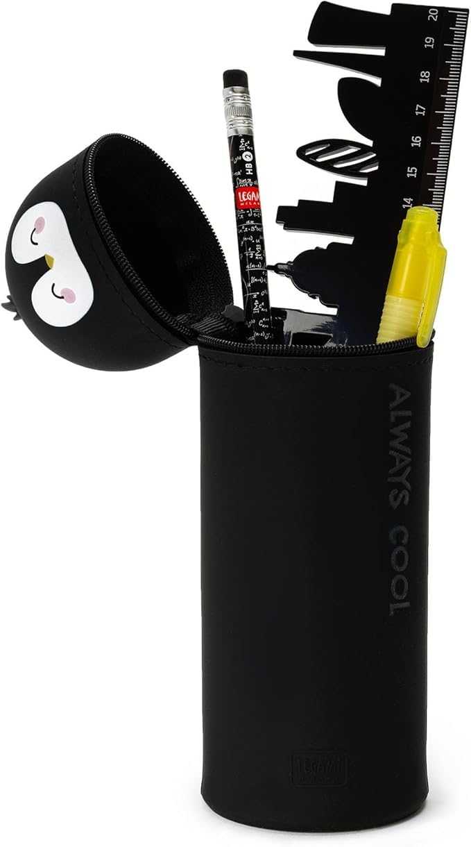 LEGAMI Set mit 7 radierbaren Gelstiften + 2-in-1-Federmäppchen – mit thermoempfindlicher Löschtinte, Tintenfarben und Schaftdesigns, 0,7 mm Spitze, Set 2 (Pinguin)