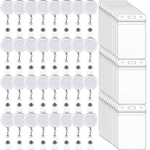 100 Pack Retractable Badge Reel Clips with 100 Pack Vertical ID Card Holders Retractable Badge Holders with Clip ID Badge Clips with Name Card Holder for Nurses Office School,Transparent
