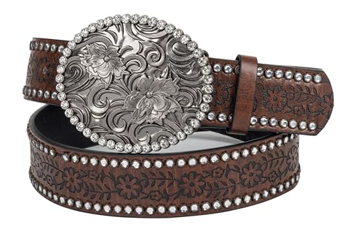 Rhinestone Western Cowboy Belts for Women, PU-Leather Brown Floral Embossed Vintage Carved Cowgirl Belt 33-37" for Jeans4