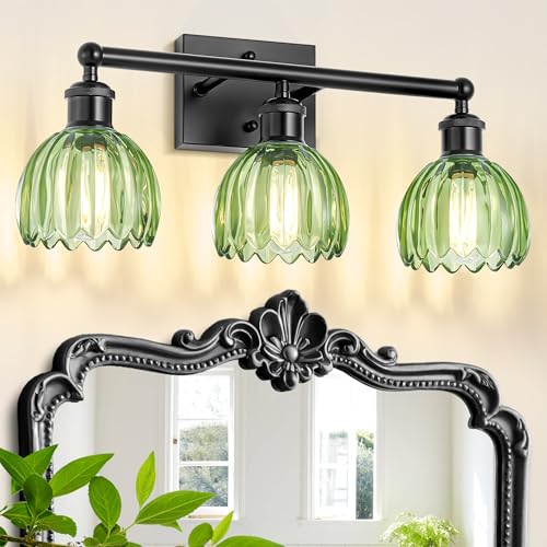 Image of Bathroom Lighting Fixtures Over Mirror,3 Light Vintage Vanity Light,20 in Antique Black Bathroom Sconce with Green Tulip Glass Shade for Bedroom Living Room,Dressing Table,Hallway,E26 Base