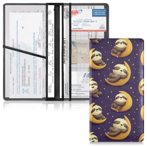 Car Registration and Insurance Holders Sloths Moon Print, PU Leather for License Documents Cards