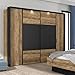 Produktbild FORTE JABIM Schrank 280, Kleiderschrank mit Passepartout und LED Beleuchtung, Schwebetürenschrank groß Schlafzimmer 4-türig Holzdekor: Alpenfichte/Schwarz, 279 cm breit x 215 cm hoch x 64 cm tief