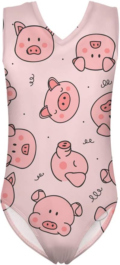 BIGCARJOB Breathable Gymnastics Suit Pig Print Summer Swimsuit Push-up Outfit Swimwear for Girls Pink for 7-8 years