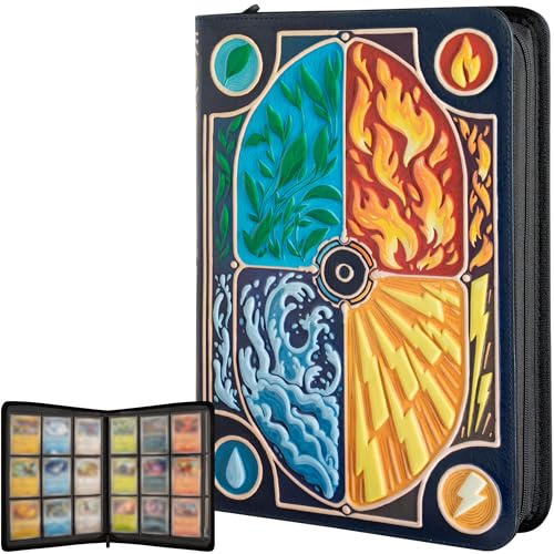 3D Card Binder for Pokemon - Stunning 3D Raised Elemental Design in PU Leather with Zipper - Includes 9 Pocket Pages for 360 Cards. Great Sleeve Album/TCG Holder/Trading Card Collection Book Gift.