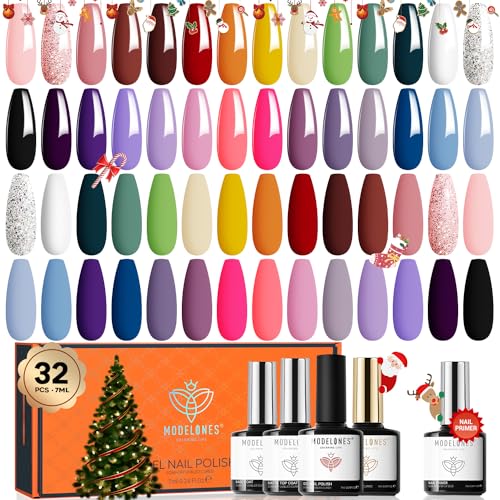 modelones 32 Pcs Gel Nail Polish Set, 28 Colors Fall Winter Gel Polish Kit with Glossy&Matte Top Base Coat + Bond Primer, Gift for Women DIY Home