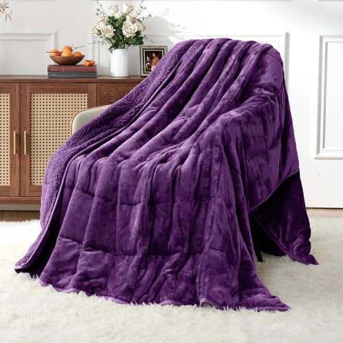 Uttermara Weighted Blankets for Adults Queen Size 15lbs 60x80 inches Blanket with Soft Warm Plush Sherpa Fleece Washable Thick Heavy Throw for Sleeping and Calming Purple