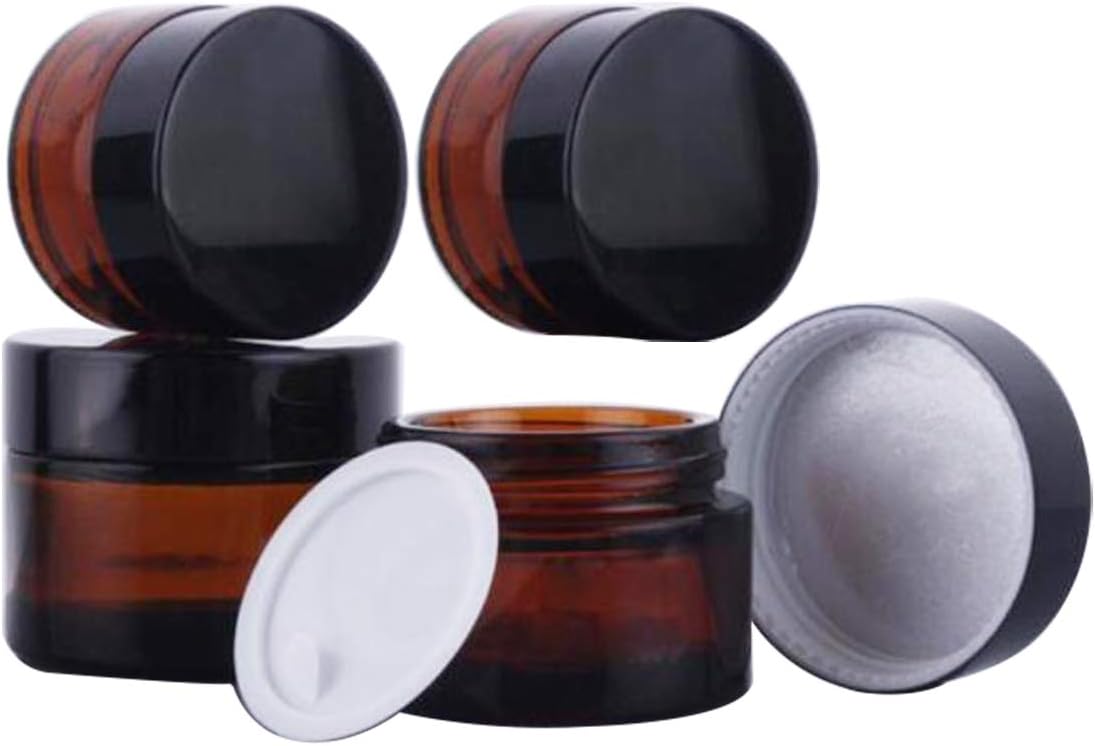KingYH 4 Pack 20 ml 30 ml Amber Glass Jar Empty Refillable Cosmetic Face Cream Jar Bottle Container Pot with Black Screw Lid and Liners for Storage Homemade Facial Cream Essential Oils Lotion Ointment
