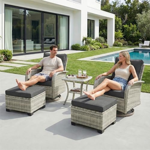 Image of 3-Piece Small Patio Furniture Set, Outdoor Swivel Rocking Chairs Set with Wicker Chairs and Tempered Glass Side Table, Outdoor Furniture Patio Bistro Set for Balcony, Deck, Porch