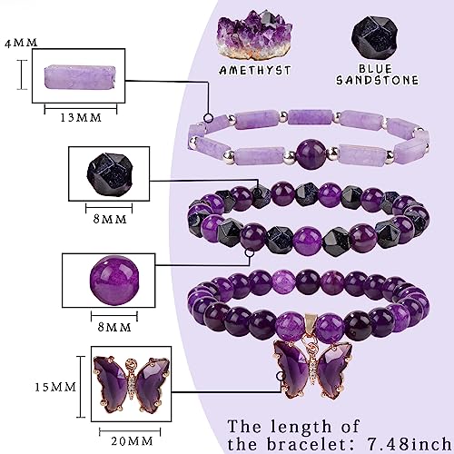 Raicegs Healing Crystal Bracelets for Women Amethyst Rose Quartz Bracelet Set 8mm Natural Stone Beaded Bracelet Anxiety Stress Relief Purple Bracelets for Women4