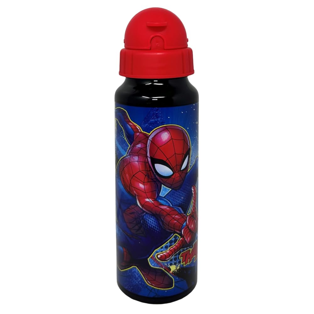 Cartoon Spiderman, Red Spiderman Marvel Aluminium Water Bottle With Straw 550Ml Kids Accessory