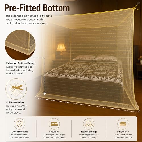 Image of Mosquito Net for King Size Bed & Double Bed (6x7 ft, Wall /Hook Hanging) Poly-Cotton Blend Fabric with Zigzag Wave Line Pattern, Pre-Fitted Bottom & Cotton Ribbon (Honey Yellow)