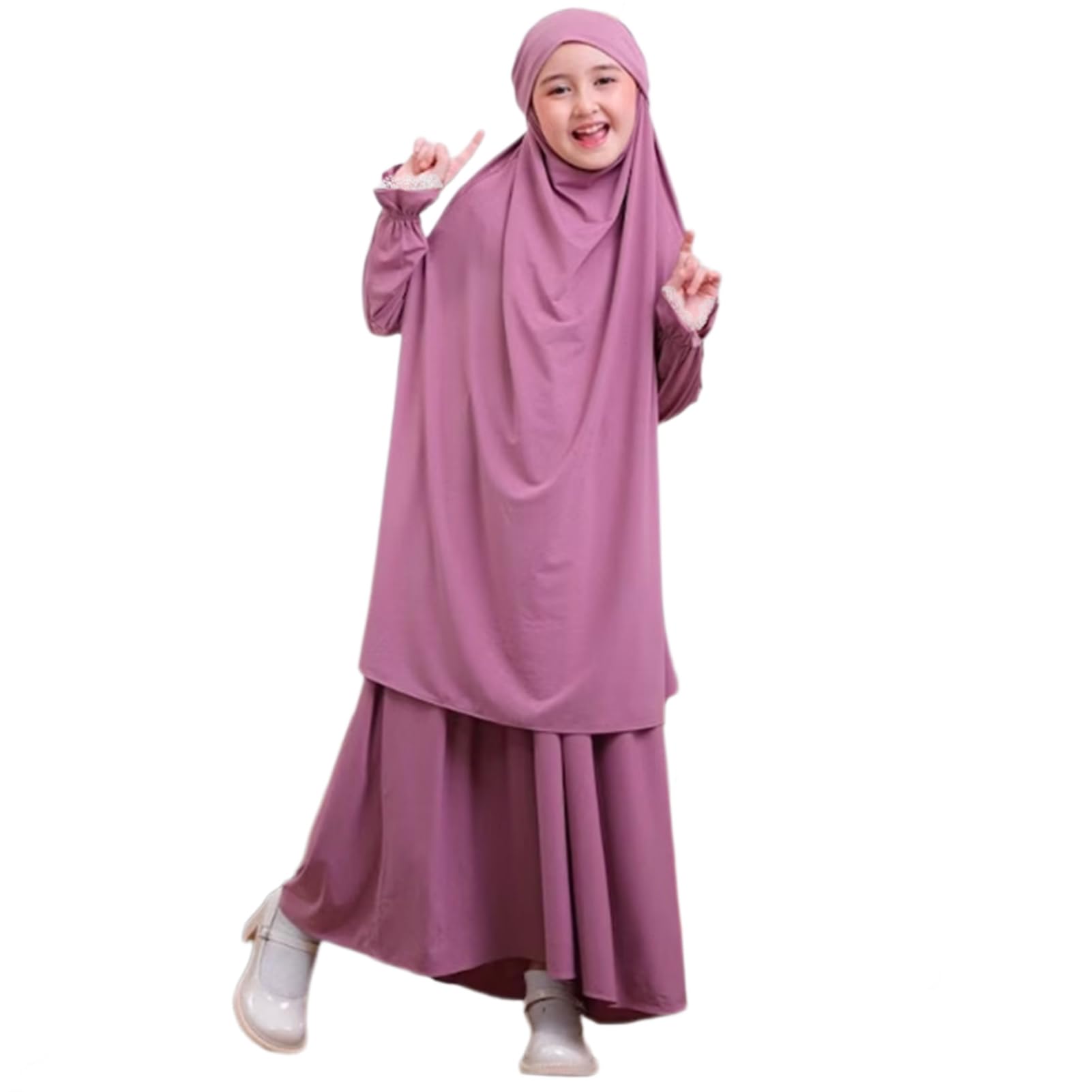OBEEII Abaya for Girls Muslim Dress Prayer Clothes Full Cover Hijab Dress Khimar with Skirt Two Pieces Set Middle East Dubai Kaftan Islamic Kids Robe Ramadan Eid Dress Purple Pink 5-6 Years