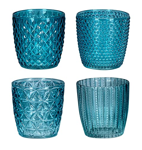 4er Set Windlicht H7,5cm Glas Türkis Teelichthalter Tischdeko Kerzen Retro Deko Kerze Transparent Kerzenhalter Tischdeko Deko