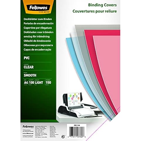 Fellowes A4 Binding Covers, PVC 150 Micron, Clear, Pack of 100, 5376001 Cover