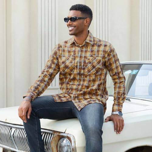 Image of WARHORSEE Flannel Shirt for Men Long Sleeve Button Down Plaid Shirts | Soft Cotton Blend for Multi-season Wear, Lightweight yet Warm, Dual buttoned storage pockets, Machine Washable Easy Care