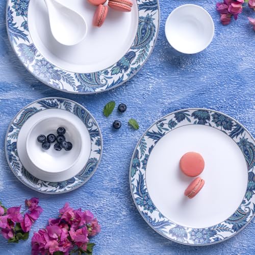 Image of Larah by Borosil 37pc Opalware New Iris Dinner Set for Family of 6 | Microwave & Dishwasher Safe Crockery Set for Dining & Gifting | Plates & Bowls