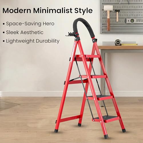 Image of Casa Copenhagen Red 4 Step Ladder for Home Use with Built-in Tool Tray | Heavy Duty D Shape Rods | Ultra Large Platform | Wide Rubber Feet | 150Kg Capacity Foldable Ladder - 7 Years Warranty