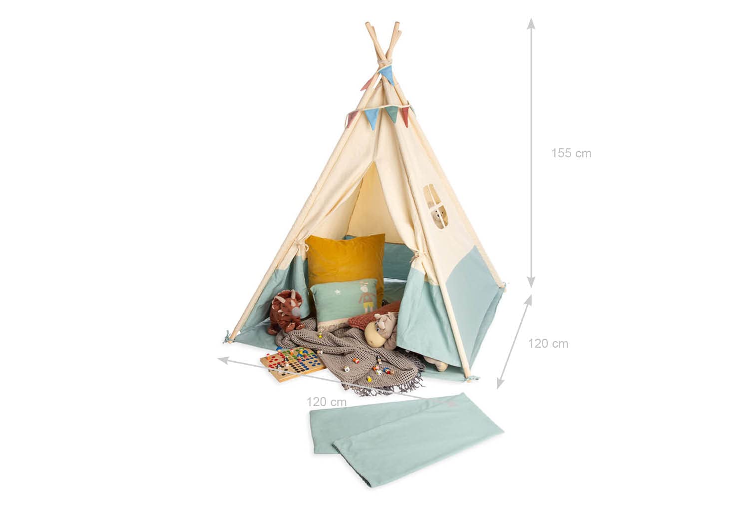 Pinolino Tipi Yuma - Tienda de campaña de Tela y Madera con Ventana, Alfombra de Suelo y Bolsa de Almacenamiento, para niños a Partir de 3 años, Tela con Tonos Pastel y banderines