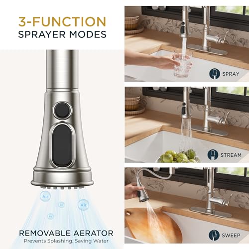 Image of FORIOUS Kitchen Faucet with Pull Down Sprayer, Stainless Steel Single Handle Spring Antique Kitchen Sink Faucet with Deck Plate, Sutiable for Farmhouse, RV, Camper, Wet Bar, Brushed Nickel