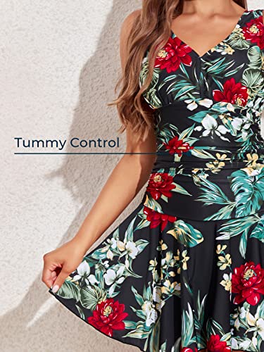 Miyang Women's Plus-Size Flower Printing Shaping Body One Piece Swim Dresses Swimsuit Black Flower Large (Us 12-14) #TOP4