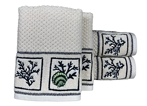 Image of SENSES By Riba Cotton Embroidered Towel Set, 550 GSM Soft & Absorbent, Antimicrobial, Oeko-Tex Certified | Ideal for Home & Gifting, Pack of 4 (2 Bath 27 inchX50 inch + 2 Hand Towels 16 inchX26 inch) - Style 5